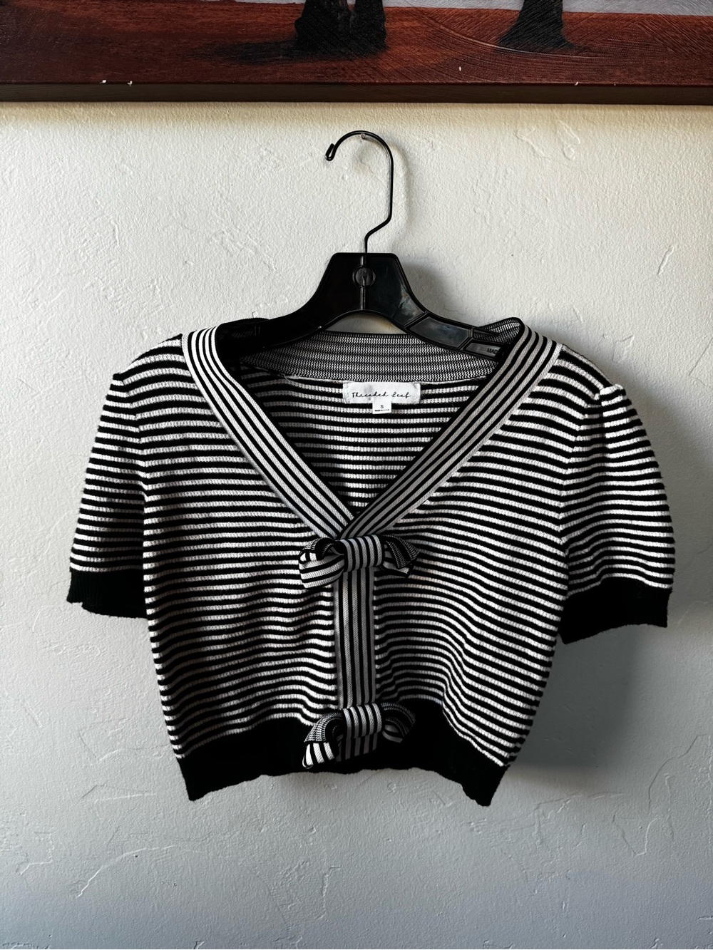 Black & White Striped V-Neck Knit Sweater with Front Bow Detail